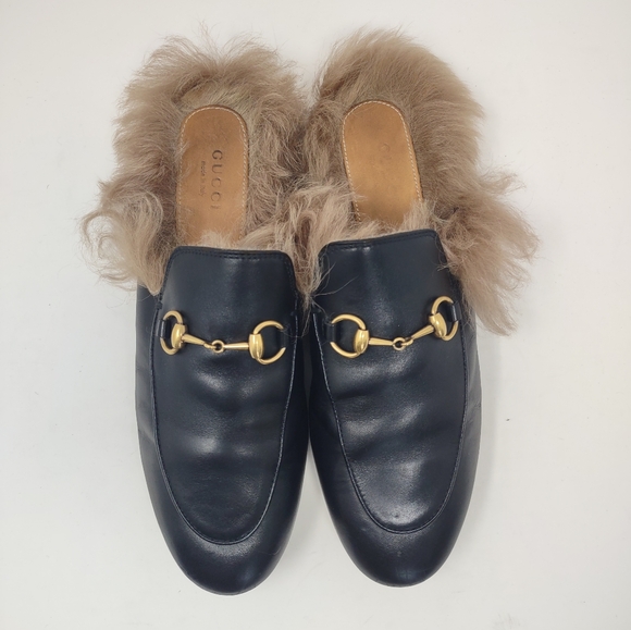 Gucci 37 Princetown fur black leather mules loafers slippers GG - Picture 8 of 16
